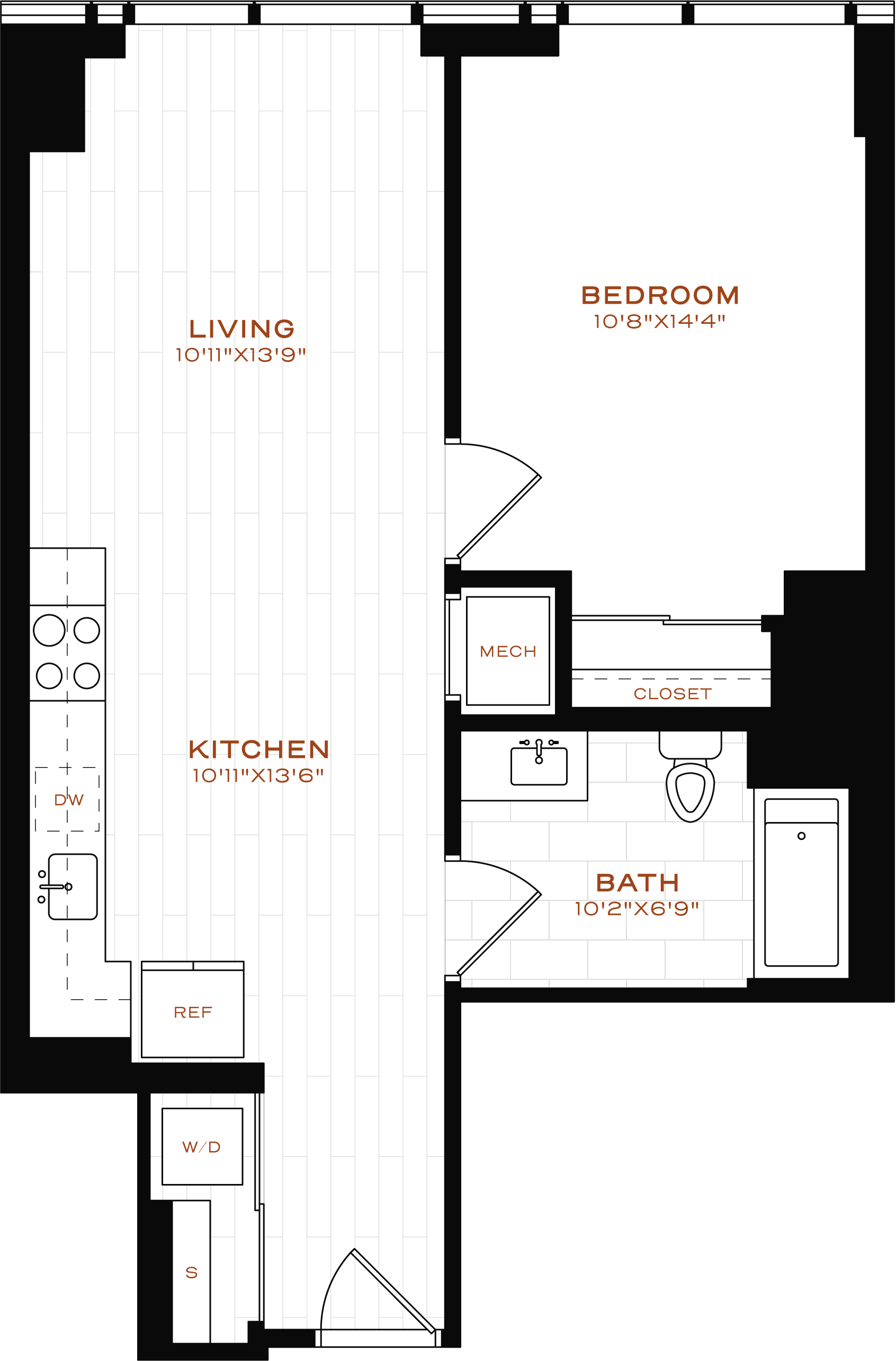 Rendering of the 1 Bed-1 Bath Floor Plan